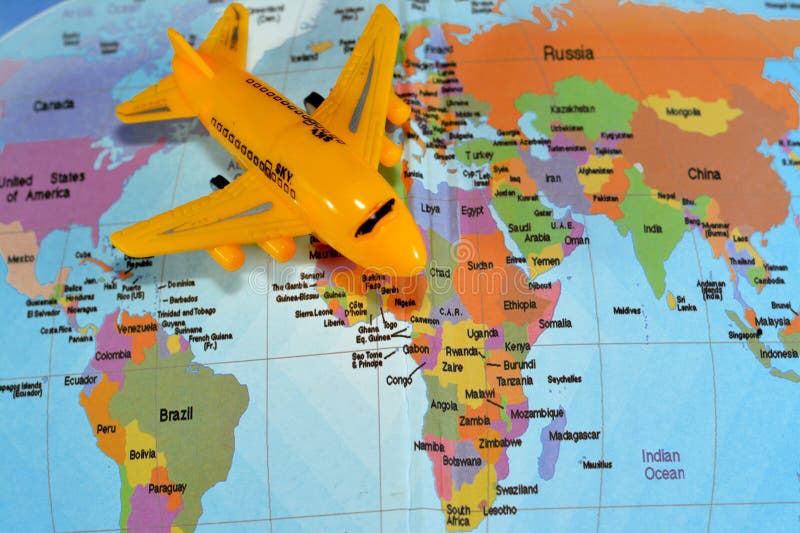 Colorful World Map with Airplane on it with the Continents Africa, Europe, North America, Asia
