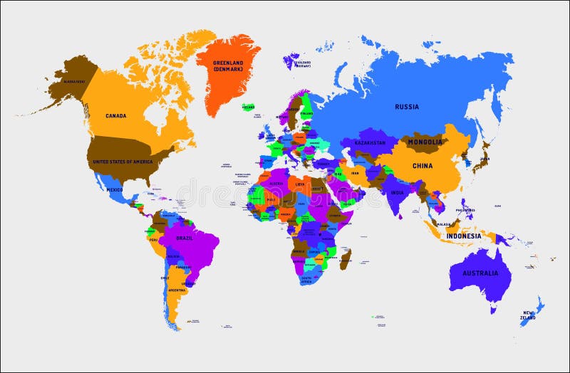 Colorful World Map with Country Names, Rivers, Lakes, Islands ...