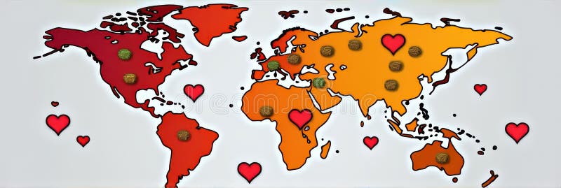Colorful world map with hearts and coins: symbolic representation of love and wealth globally vector illustration