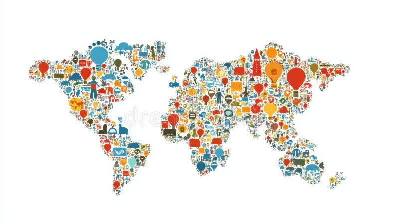 A colorful world map with various icons representing different aspects of life. stock photo