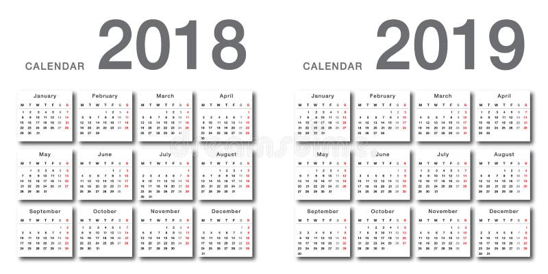 Colorful Year 2018 and Year 2019 calendar horizontal vector design template, simple and clean design.8 royalty free illustration Colorful Year 2018 and Year 2019 calendar horizontal vector design template, simple and clean design.8 royalty free illustration