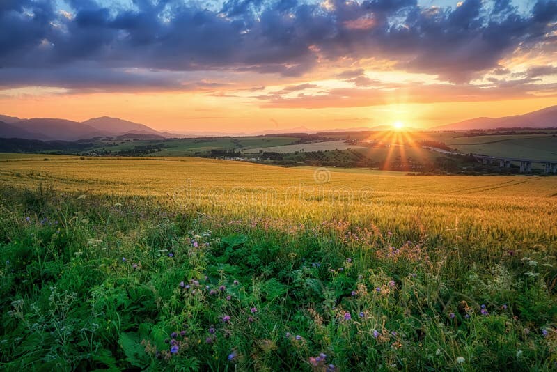 Barevná žlutá a zelená pole u slovenské obce Hybe