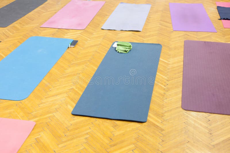 Yoga Mats in a Studio Classroom with Wood Floors Stock Image Image of
