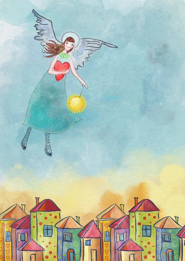 Colorfull houses and guardian angel. Watercolor illustration