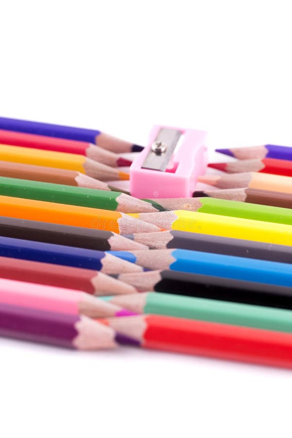 A Colorfull Pencil Color And Sharpner Isolated Over The White B Stock