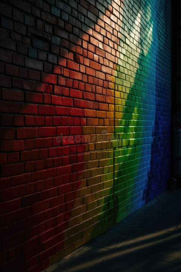 Colori in arcobaleno dipinti al muro sul retro della strada a luce lanterna immagine generativa illustrazione di stock