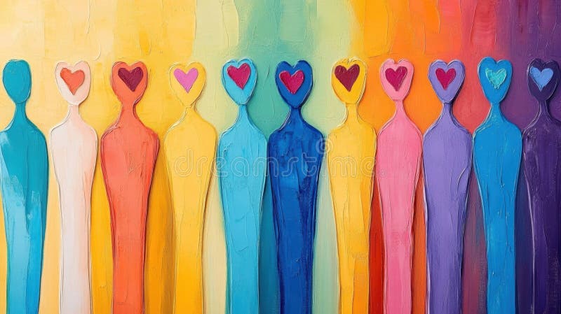 Colorida pintura abstracta de figuras sin rostro con cabezas con forma de corazón en un espectro de arco iris ai fotos de archivo libres de regalías