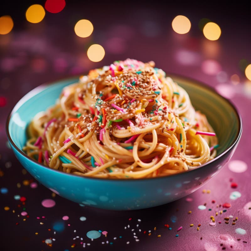 an orange bowl of pasta with sprinkles, adorned in dark pink and turquoise colors, creates a festive atmosphere reminiscent of chinese new year festivities. the multi-layered dish, captured with a rollei prego 90 camera, showcases a delightful combination of light brown and gold hues, adding a touch of sparklecore to the image. ai generated. an orange bowl of pasta with sprinkles, adorned in dark pink and turquoise colors, creates a festive atmosphere reminiscent of chinese new year festivities. the multi-layered dish, captured with a rollei prego 90 camera, showcases a delightful combination of light brown and gold hues, adding a touch of sparklecore to the image. ai generated