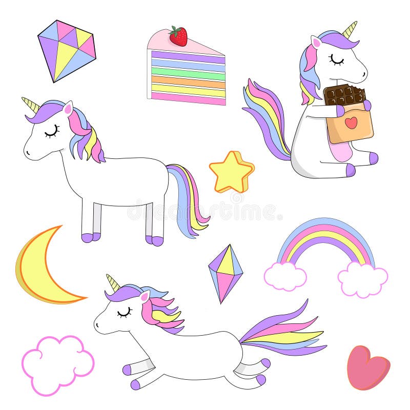 Colorido, sistema del vector con unicornios Fondo blanco ilustración del vector Colorido, sistema del vector con unicornios Fondo blanco ilustración del vector