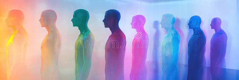 Coloridos avatares abstractos sin rostro dispuestos en una línea ideal para diseños de maquetas y espacio de copias. ai generativo imágenes de archivo libres de regalías