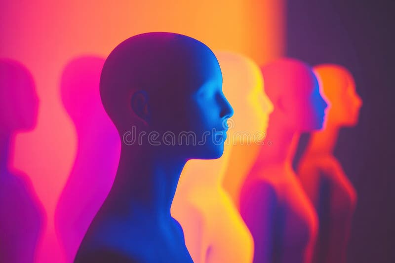Coloridos avatares abstractos sin rostro en tonos vibrantes con espacio para texto y diseño. ai generativo imágenes de archivo libres de regalías