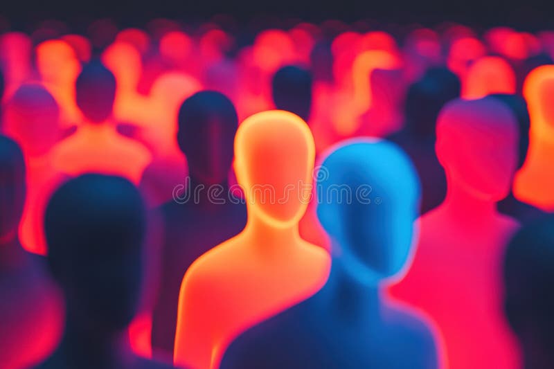 Coloridos avatares abstractos sin rostro en un entorno digital con espacio de copia para texto personalizado o marca imagenes de archivo