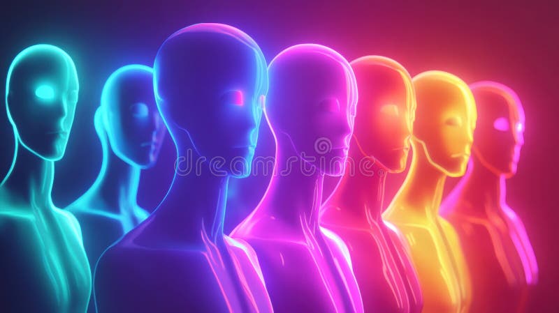Coloridos avatares abstractos sin rostro en un entorno vibrante con amplio espacio de copia para elementos de texto y diseño. imagen de archivo