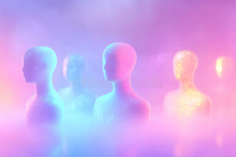 Coloridos avatares abstractos sin rostro en una atmósfera de ensueño con espacio para la colocación de texto creativo. ai generati imagenes de archivo