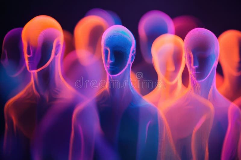 Coloridos avatares abstractos sin rostro que crean una sensación de misterio y profundidad en una atmósfera vibrante con espacio p fotografía de archivo libre de regalías