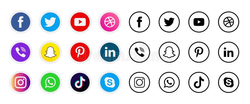 Coloridos y en blanco y negro sombreado iconos de medios sociales conjunto de fotos de facebook twitter instagram pinterest whatsa