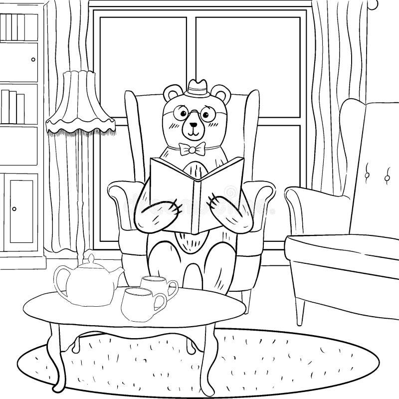 Coloring a bear cub reads a book and drinks tea royalty free illustration