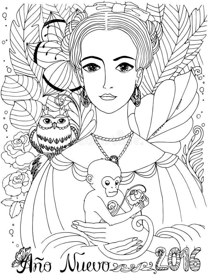 Coloring book for adult. Young lady with Owl and Monkey.