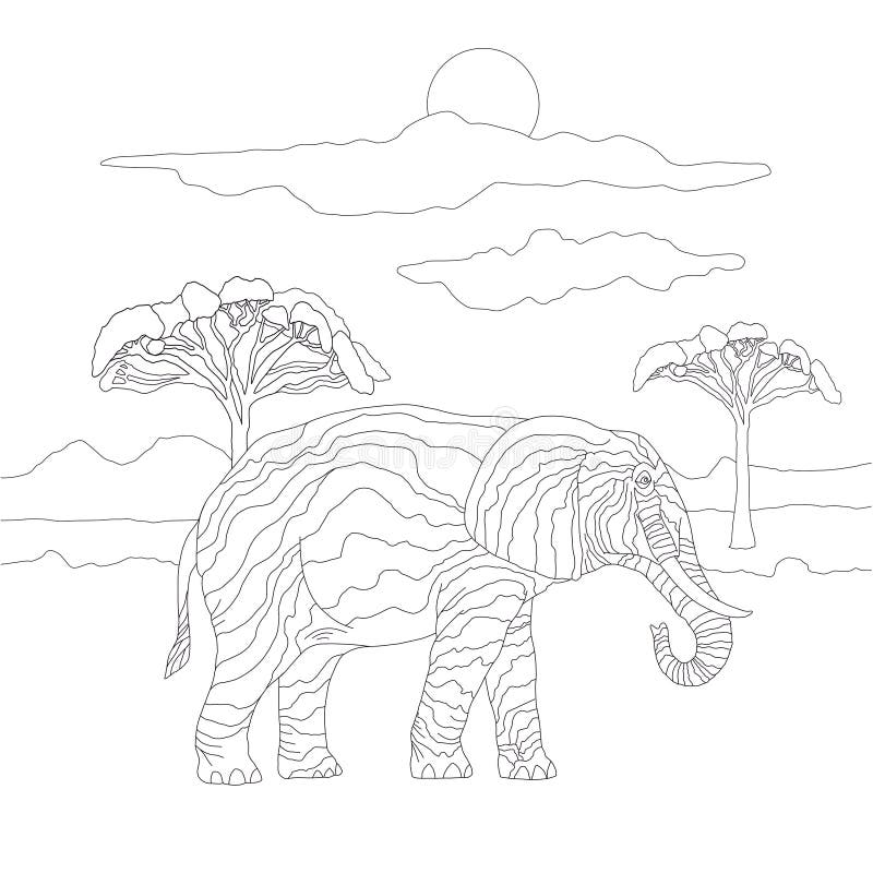 Coloring Book for Adults and Children with a Large Elephant on the  Background of a Landscape of Sky and Savannah Trees. Beautiful Stock  Illustration - Illustration of cartoon, cheerful: 183029225
