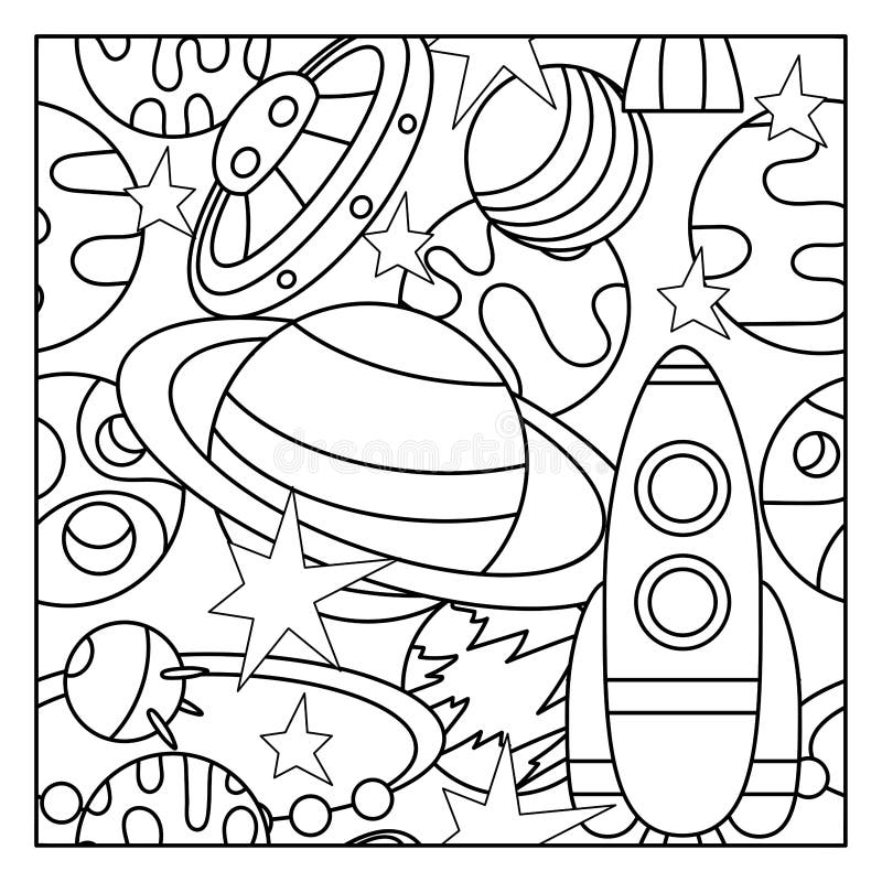 Coloring book for adults and older children. Vector space pattern with star, spaceships and planet