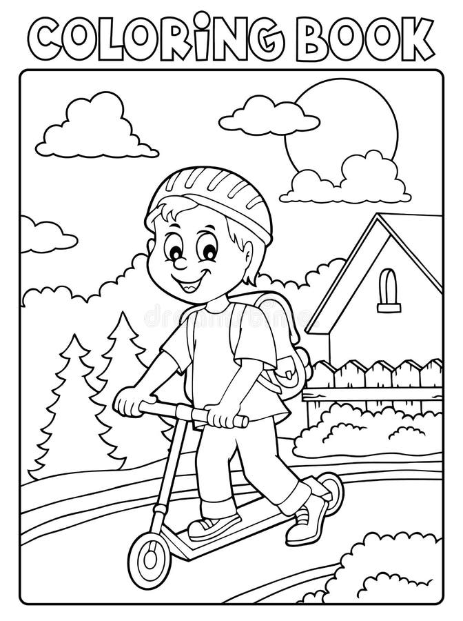 Download Coloring Book Boy On Kick Scooter Theme 2 Stock Vector - Illustration of book, journey: 185509334