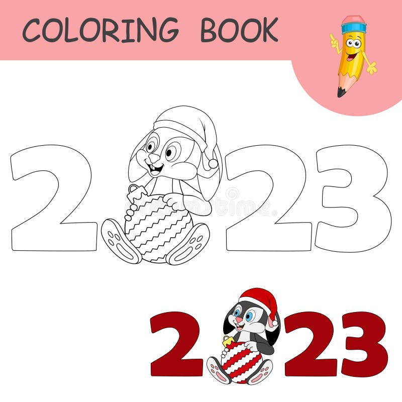 Coloring Book with Cartoon Rabbit with Christmas Ball Sitting among