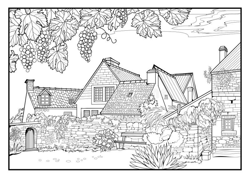 Coloring Book for Children and Adults. Old French Manor with Vineyard ...