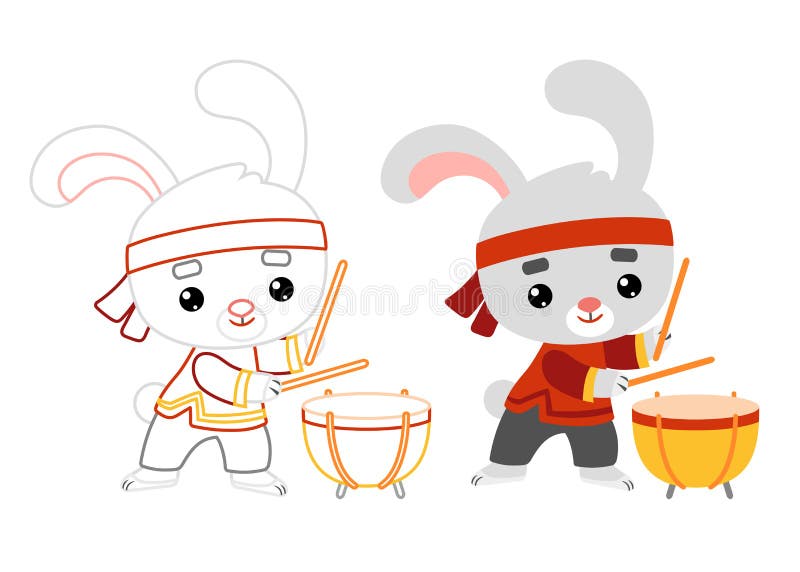 Coloring book for children, Chinese new year character rabbit and drum royalty free illustration