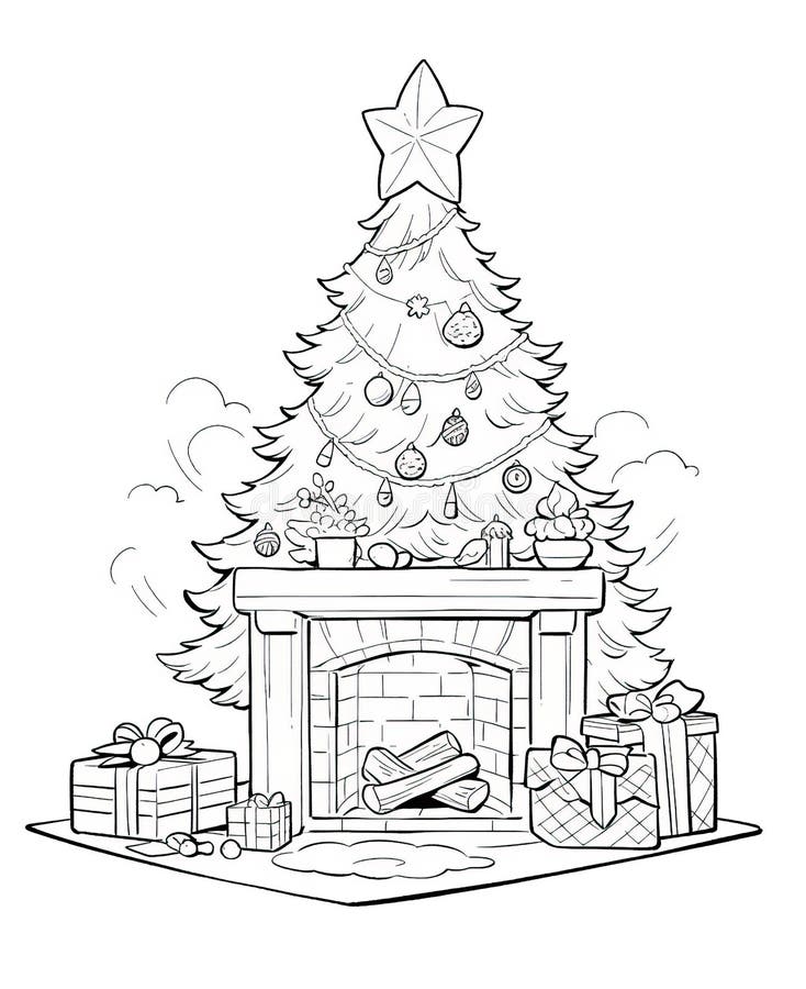 Coloring Book for Children, Christmas Tree with Fireplace. Stock
