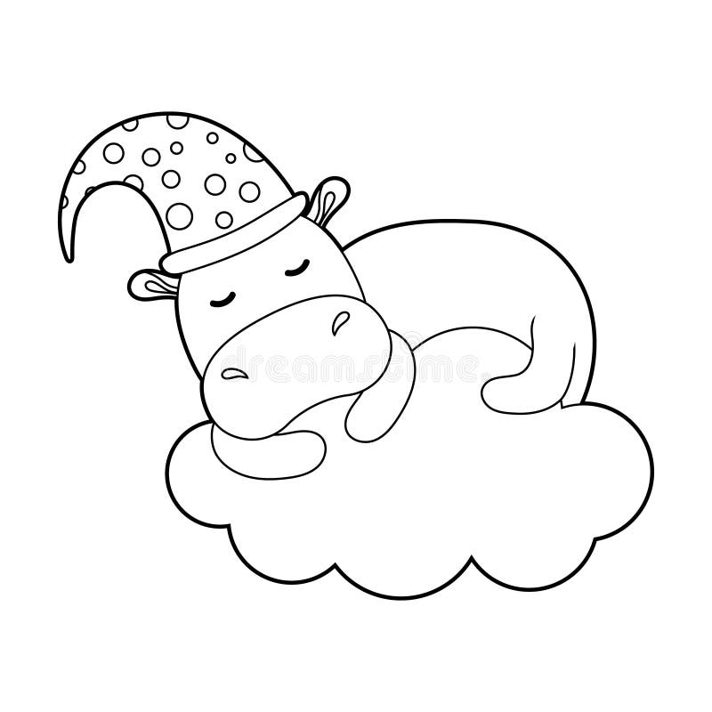 Coloring book for children. Draw a cute cartoon cute hippo sleeping on a cloud based. Vector stock illustration