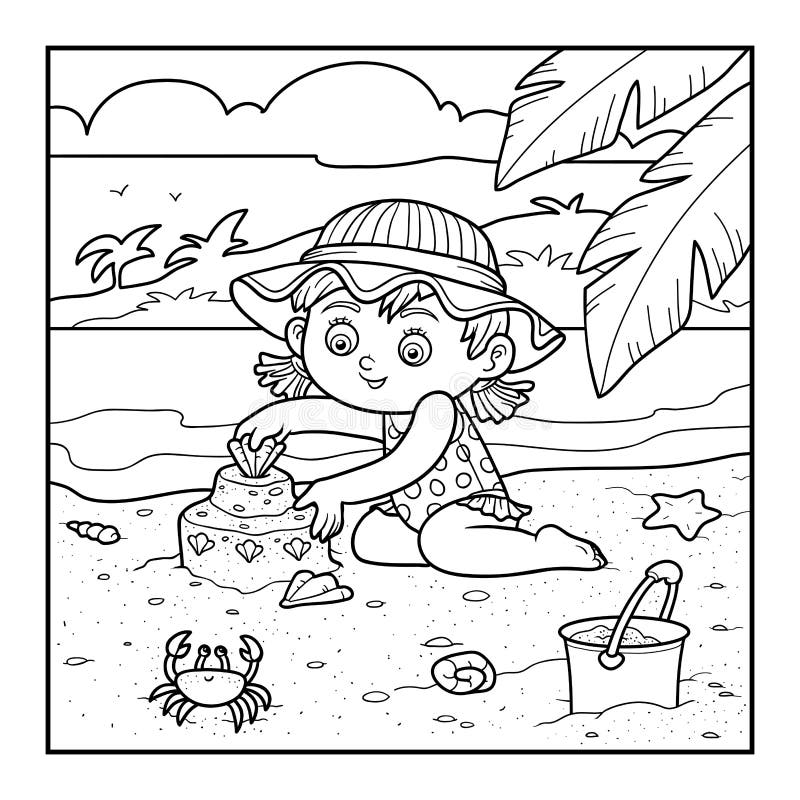 Download Children At The Beach Swimming And Building A Sandcastle. Black And White Coloring Book Page ...