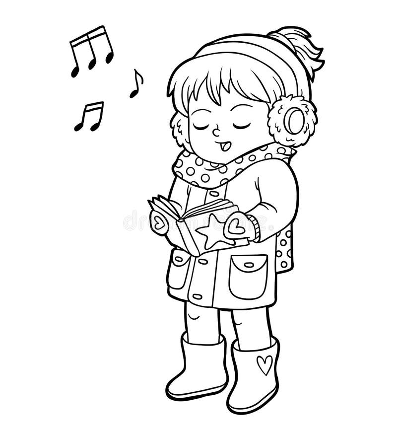Coloring Page Outline Of Cartoon Girl Singing A Song Stock Vector