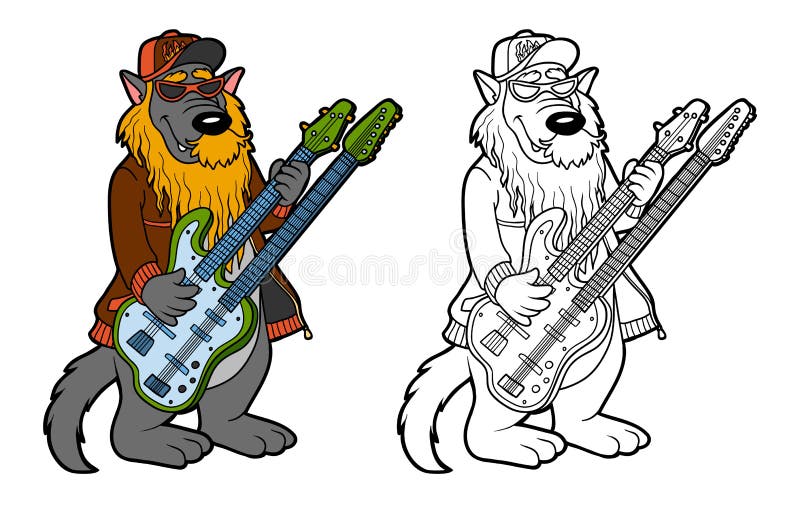 Coloring book for children: wolf and two-neck guitar