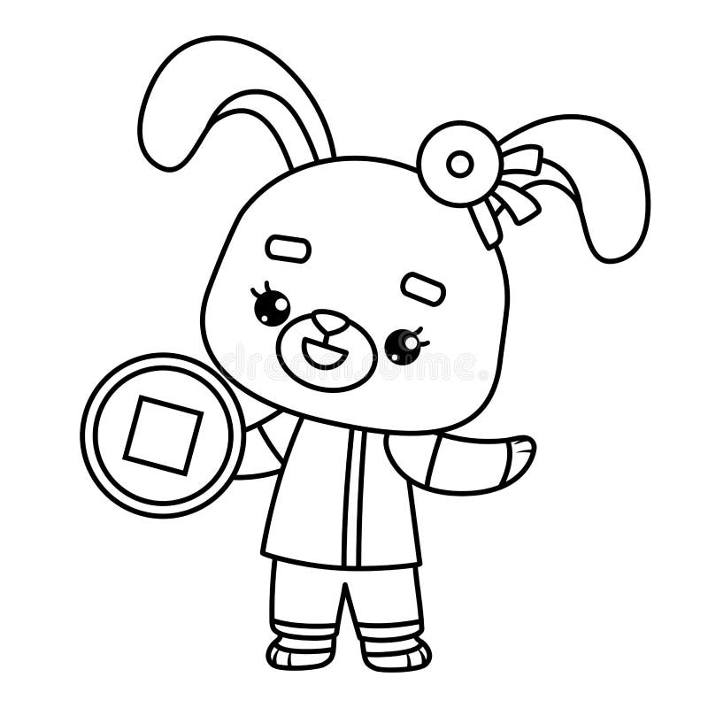 Coloring book, Chinese new year character rabbit and cash vector illustration