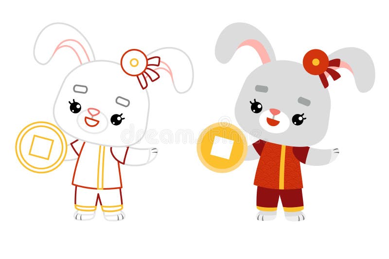Coloring book, Chinese new year character rabbit and cash vector illustration