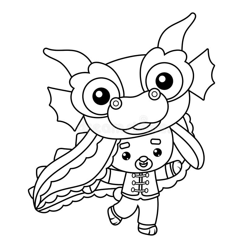Coloring book, Chinese new year character rabbit in dragon costume vector illustration