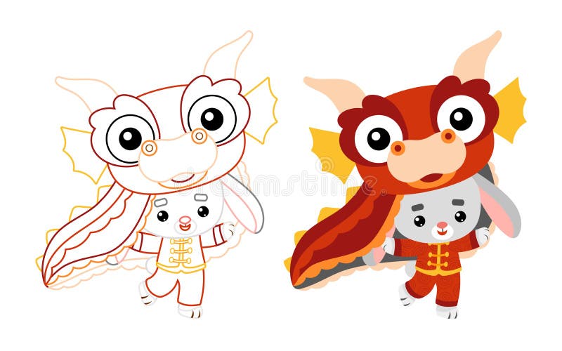 Coloring book, Chinese new year character rabbit in dragon costume royalty free illustration