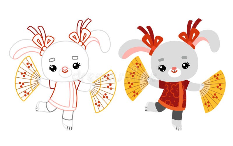 Coloring book, Chinese new year character rabbit and fans stock illustration