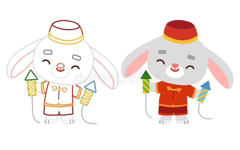 Coloring book, Chinese new year character rabbit and fireworks vector illustration