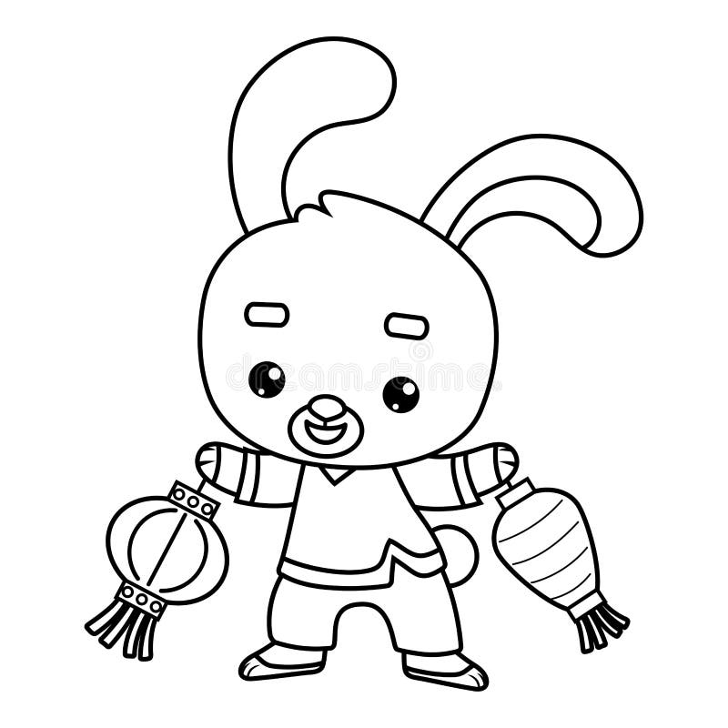 Coloring book, Chinese new year character rabbit and lanterns vector illustration