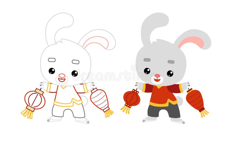 Coloring book, Chinese new year character rabbit and lanterns royalty free illustration