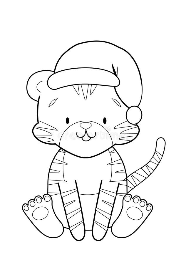 Coloring Book with a Cute Tiger in a Christmas Hat Stock Vector ...
