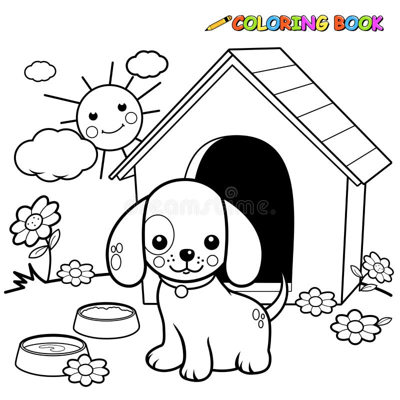 Dog Outside His Doghouse. Vector Black and White Coloring Page. Stock ...