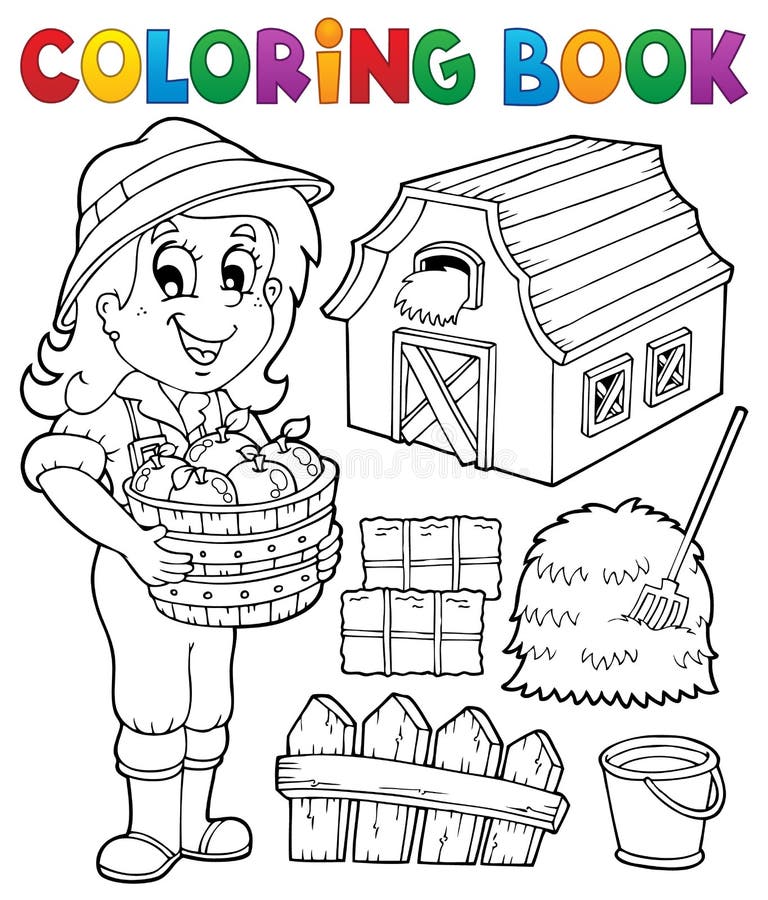 Coloring book girl and farm objects stock illustration