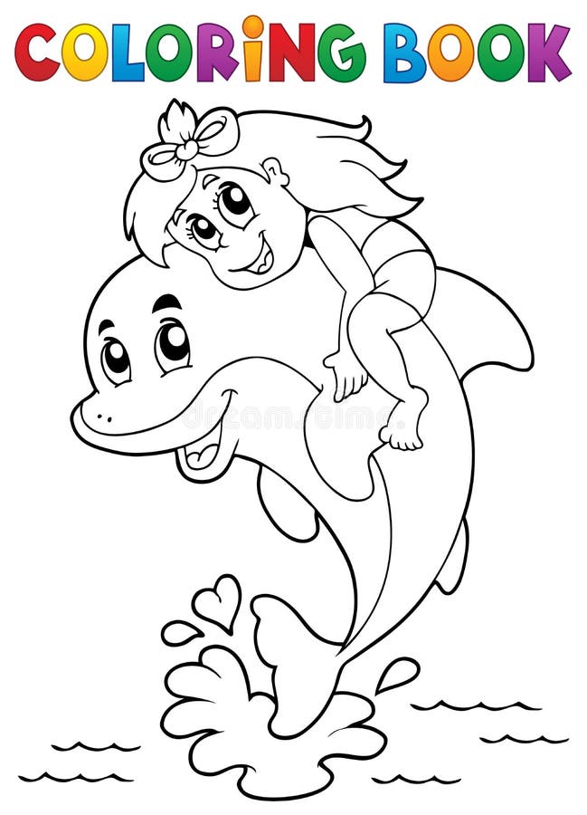 Coloring book girl sitting on dolphin stock illustration