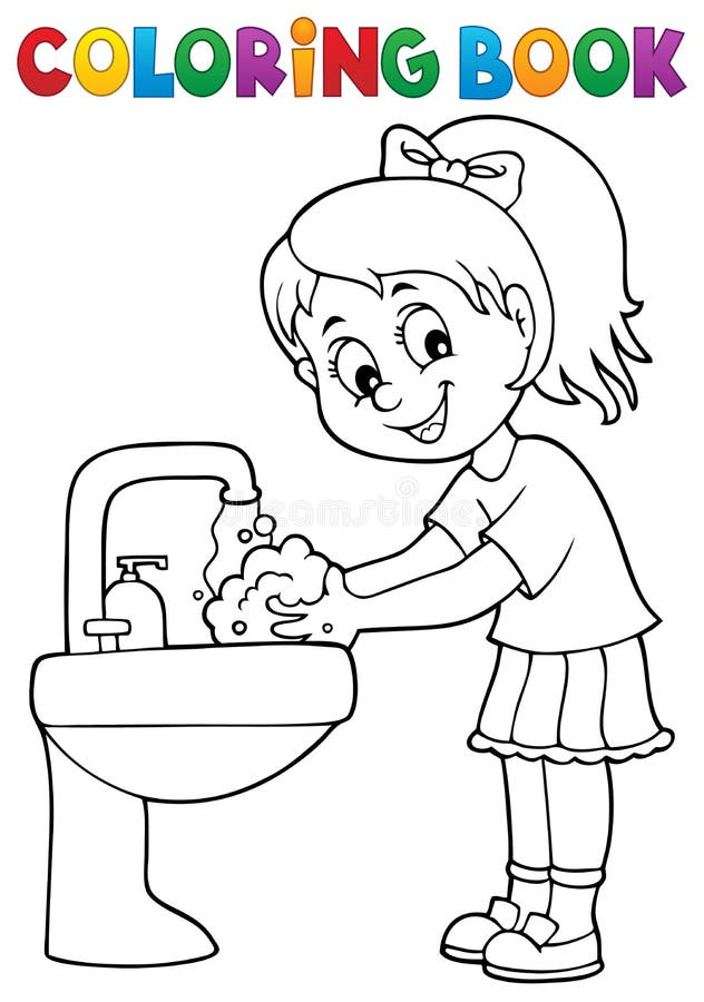 Coloring Book Girl Washing Hands Theme 1 Stock Vector - Illustration of