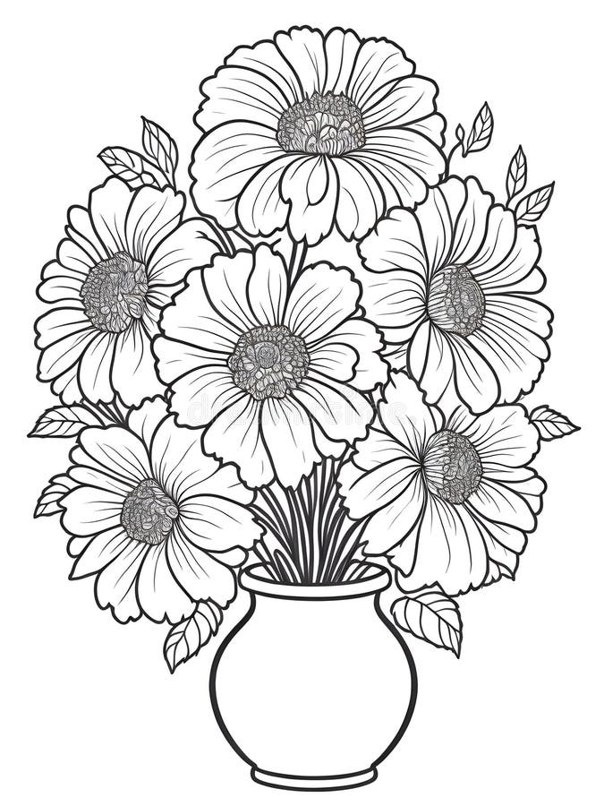 coloring book for kids, bouquet of Marigold, Vase of flowers