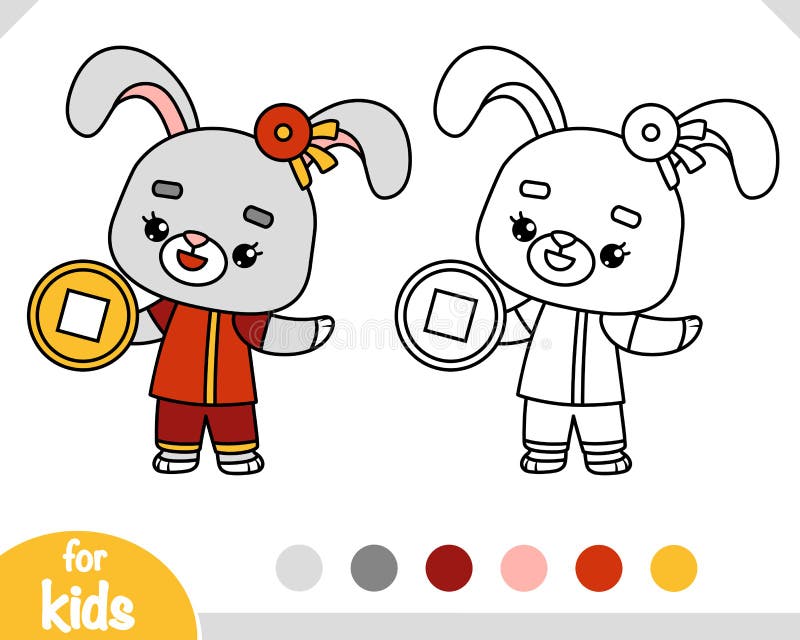 Coloring book for kids, Chinese new year character rabbit and cash stock illustration