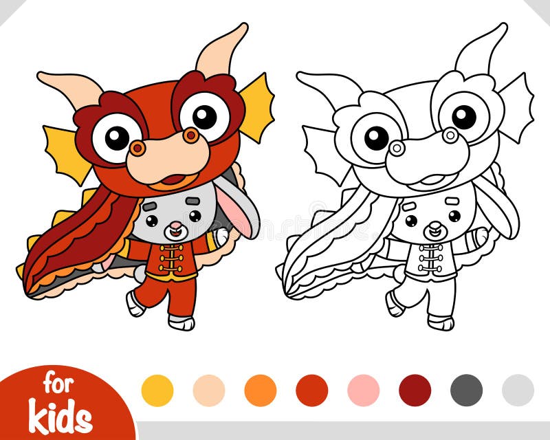 Coloring book for kids, Chinese new year character rabbit in dragon costume royalty free illustration