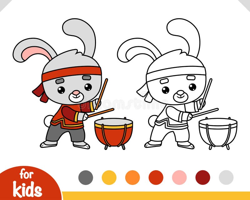 Coloring book for kids, Chinese new year character rabbit and drum Tanggu stock illustration